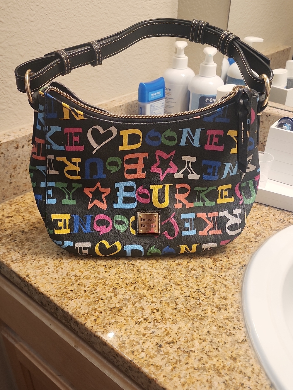 Dooney & Bourke Black Multicolor Logo Crescent Shoulder Bag